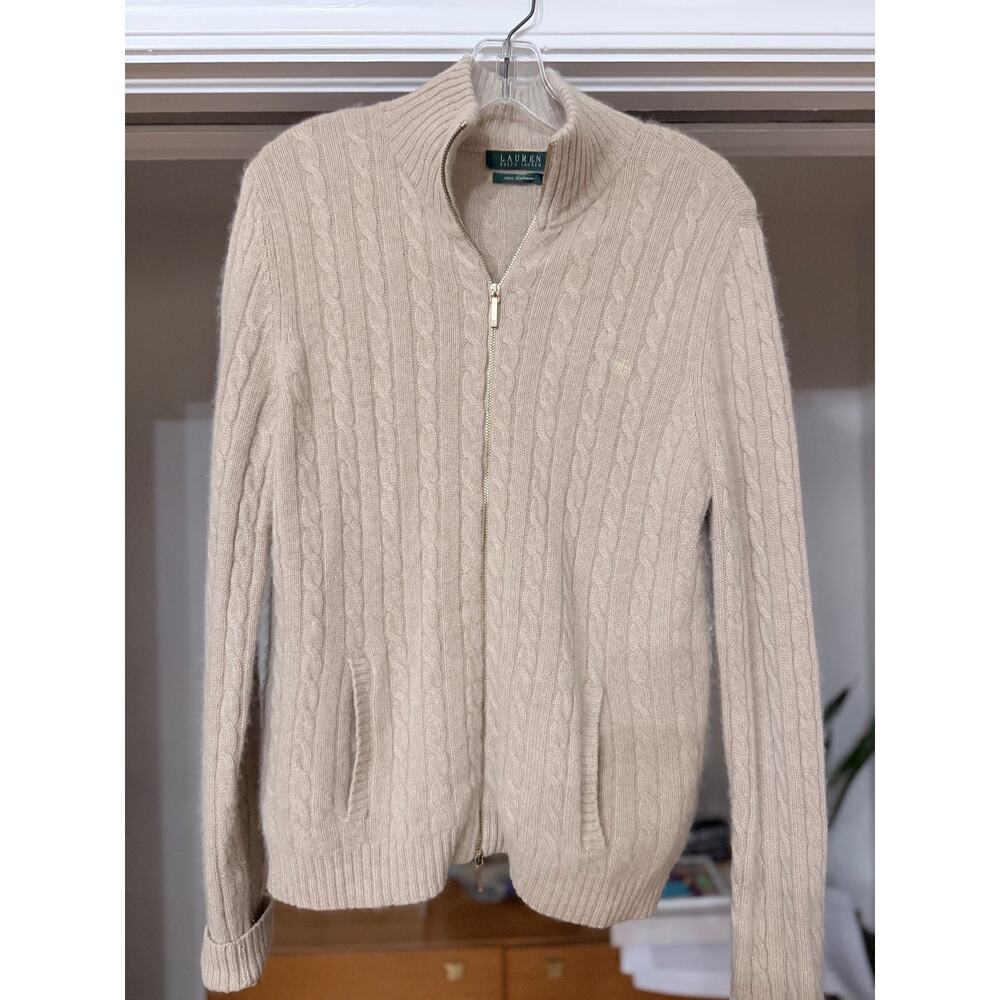 Lauren Ralph Lauren 100% Cashmere Cable Knit Zip Sweater L